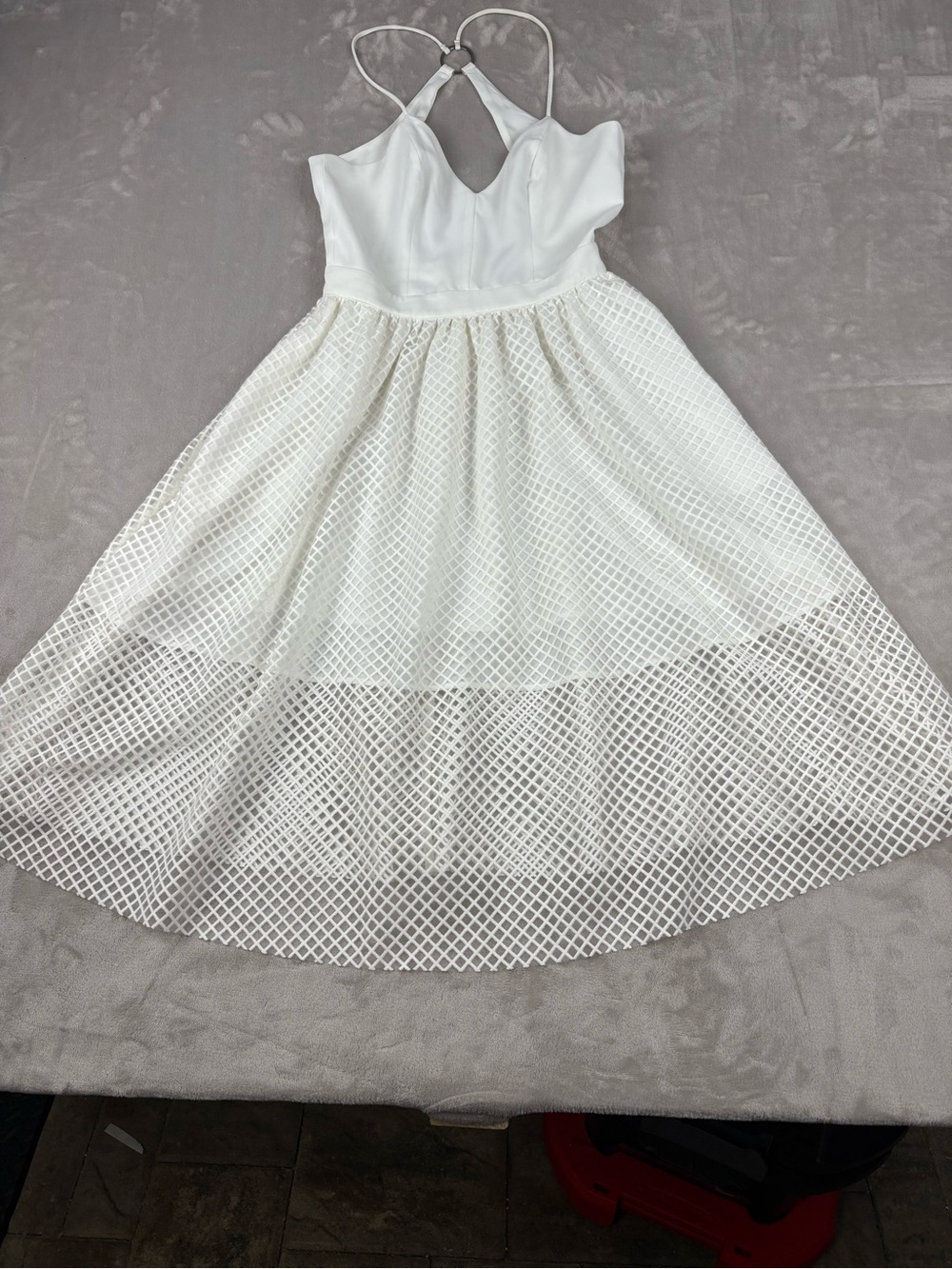 NBD XS White Mesh Overlay Midi Dress Ring Halter Fit Flare Party Cocktail Bridal - Picture 2 of 10